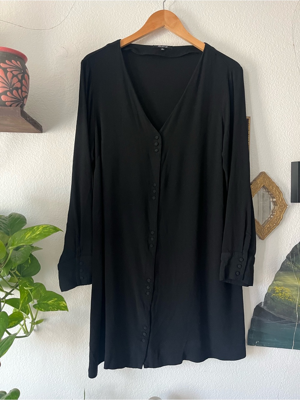 Madewell Long Sleeve Button Front Dress – Black – Classic Neckline Size XL